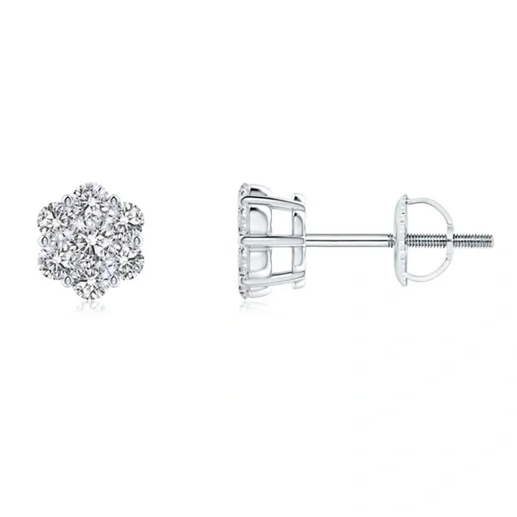 Nice Flower White Gold Iced Sterling Silver Cluster Screw Back Stud Earrings - Picture 3 of 5